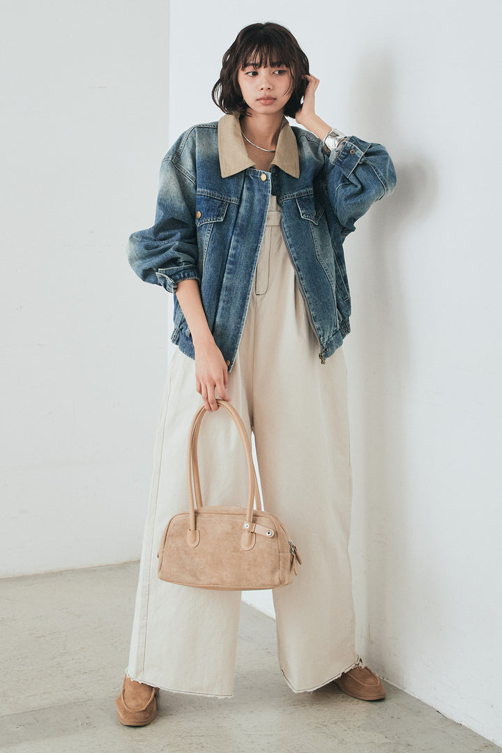 [SET]襟切り替えジップデニムジャケット+綿ツイルアシメサロペット(2set)