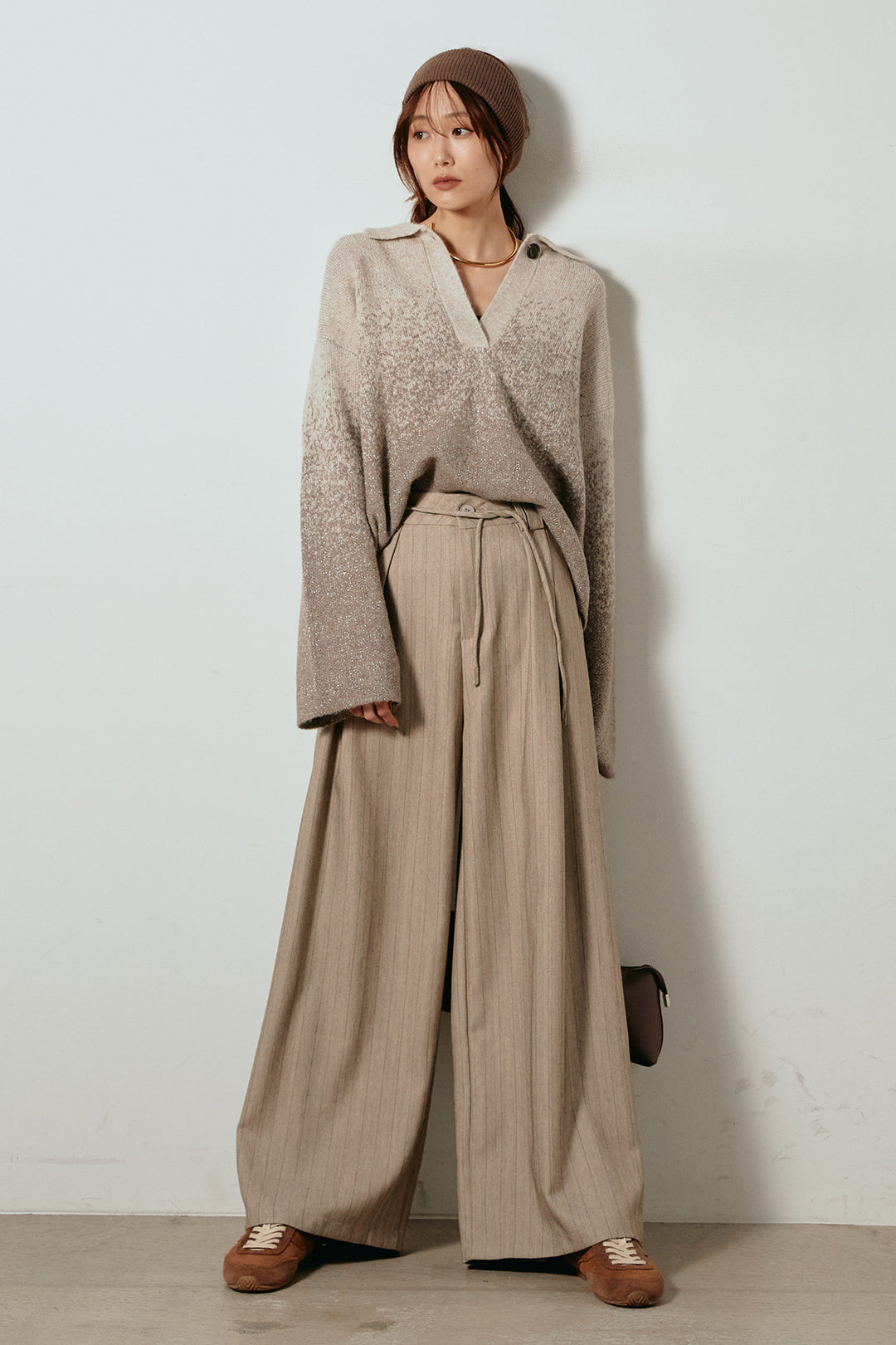 [SET]グラデーションラメニットキーネックプルオーバー+ストライプヘリンボーンパンツ(2set)