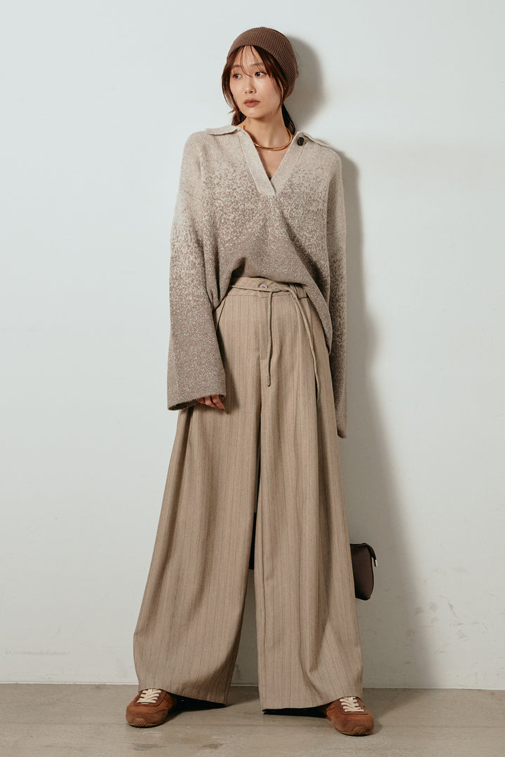 [SET]グラデーションラメニットキーネックプルオーバー+ストライプヘリンボーンパンツ(2set)