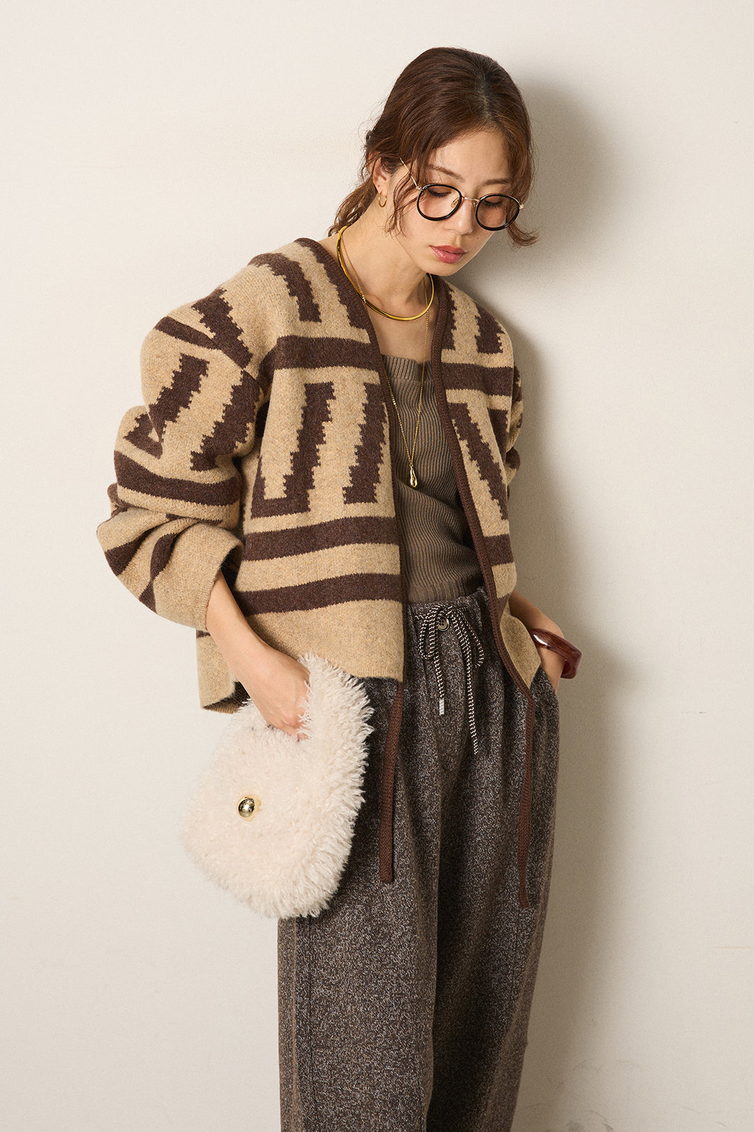 [SET]幾何学柄ノーカラーカーディガン+杢ニットフレアパンツ(2set)