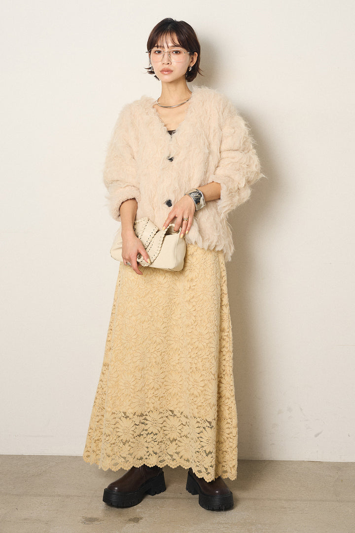 [SET]起毛シャギーニットカーディガン+花柄刺繍ベロアフレアスカート(2set)