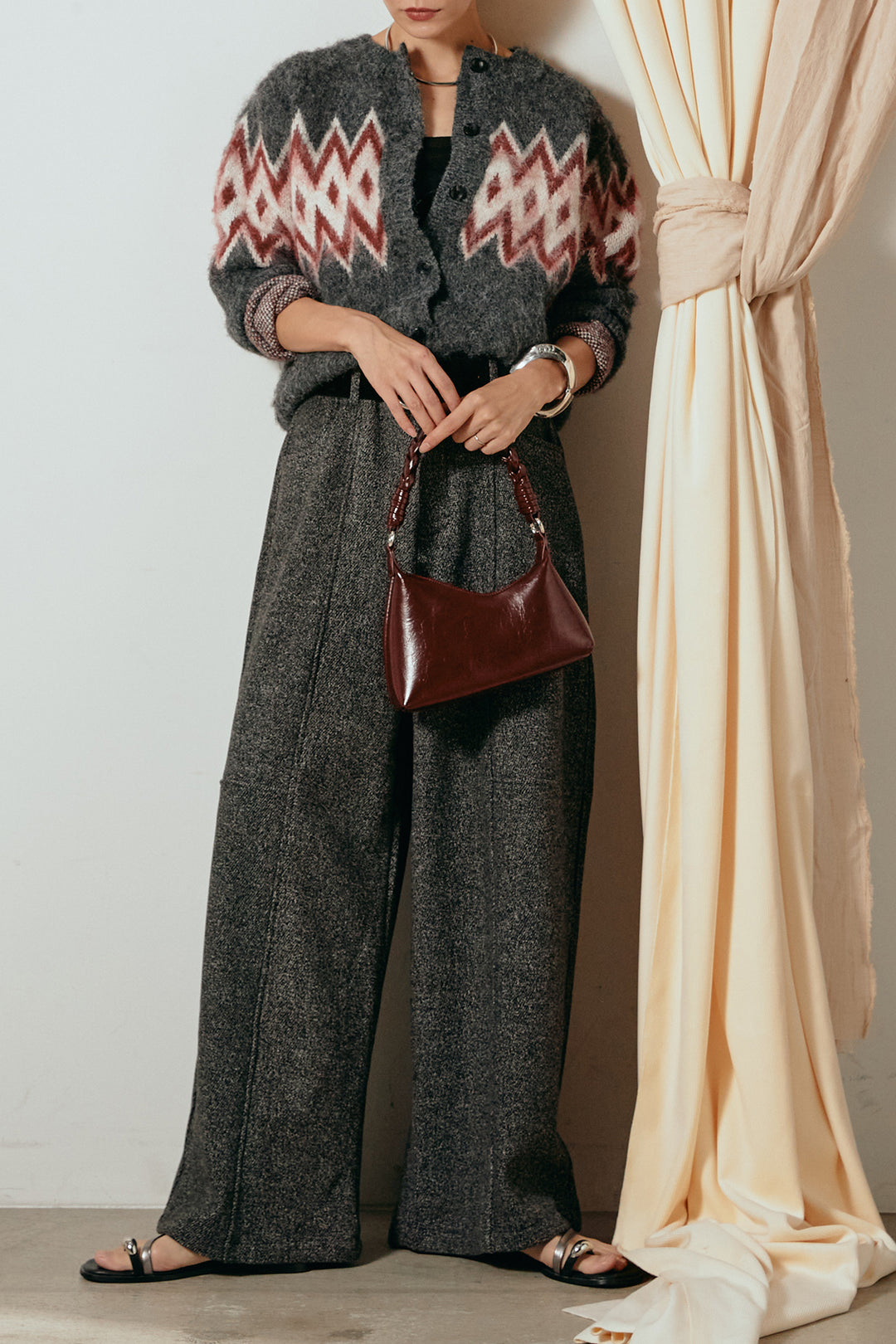 [SET]起毛ノルディック柄ニットカーディガン+太ベルト付きツイードワイドパンツ(2set)