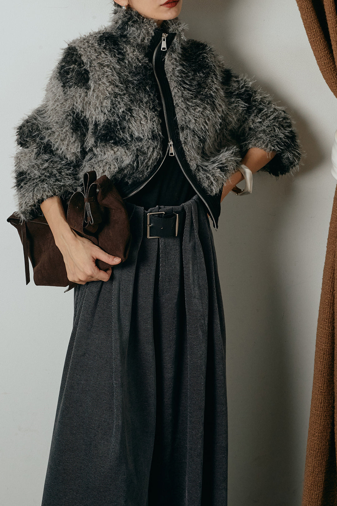 [SET]エコファースタンドカラーニュアンス柄ブルゾン+ベルトループコーデュロイワイドパンツ(2set)