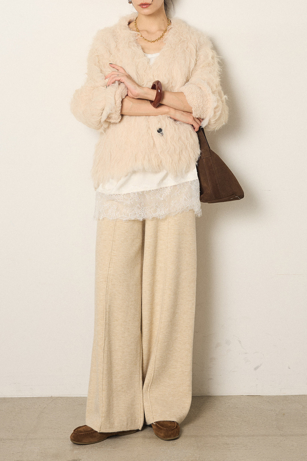 [SET]起毛シャギーニットカーディガン+センターラインニットパンツ+レース切り替えキャミソール(3set)