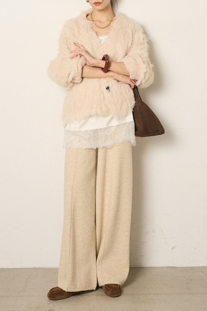 [SET]起毛シャギーニットカーディガン+センターラインニットパンツ+レース切り替えキャミソール(3set)