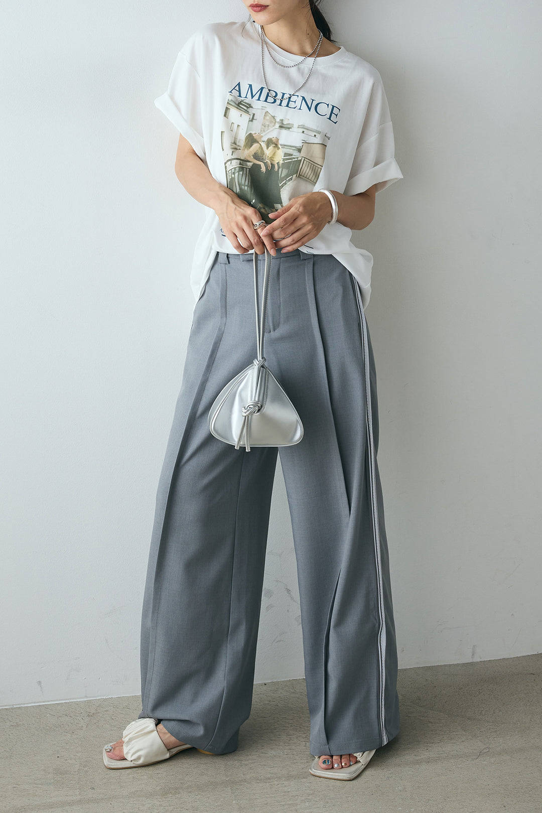 [SET]AMBIENCEフォトプリントTシャツ+サイドラインワイドスラックスパンツ(2set)