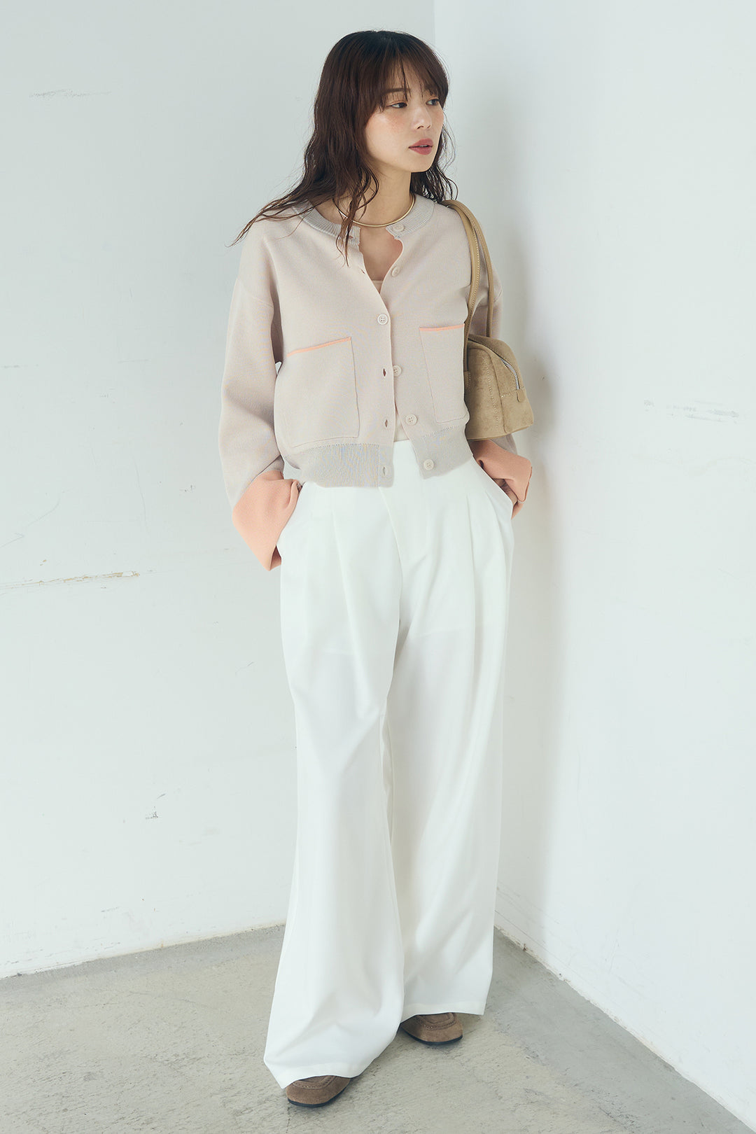 [SET]レーヨンポリダブルフェイスカーディガン+サイドベルトタック入りスラックス(2set)