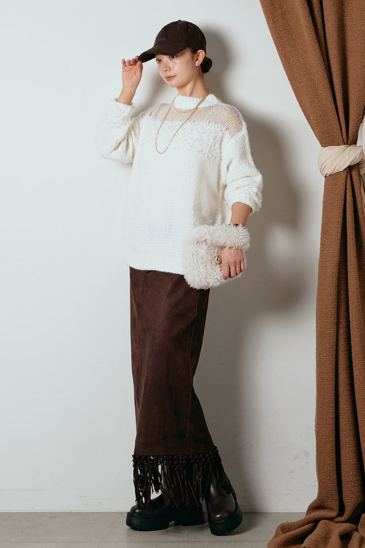 [SET]パターンランダム編みニットトップス+スウェードライク裾フリンジスカート(2set)