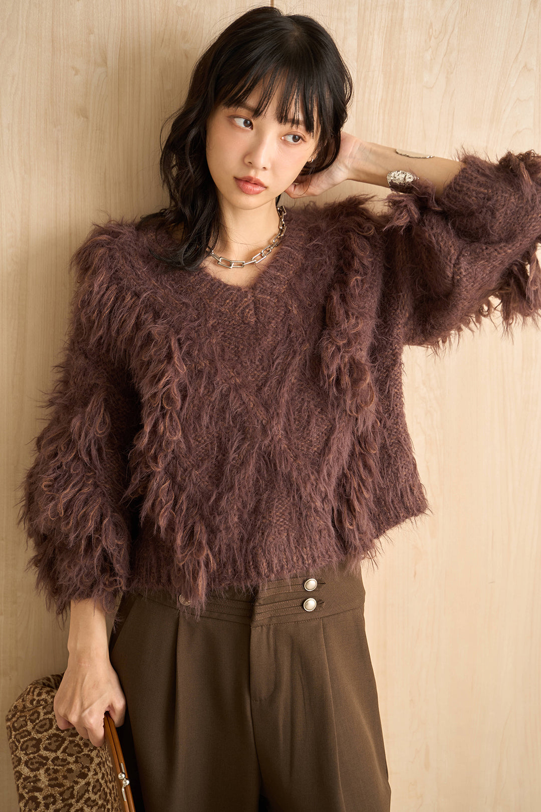 [SET]ランダムロングシャギーVネックニット+ナポレオンボタンデザインワイドパンツ(2set)