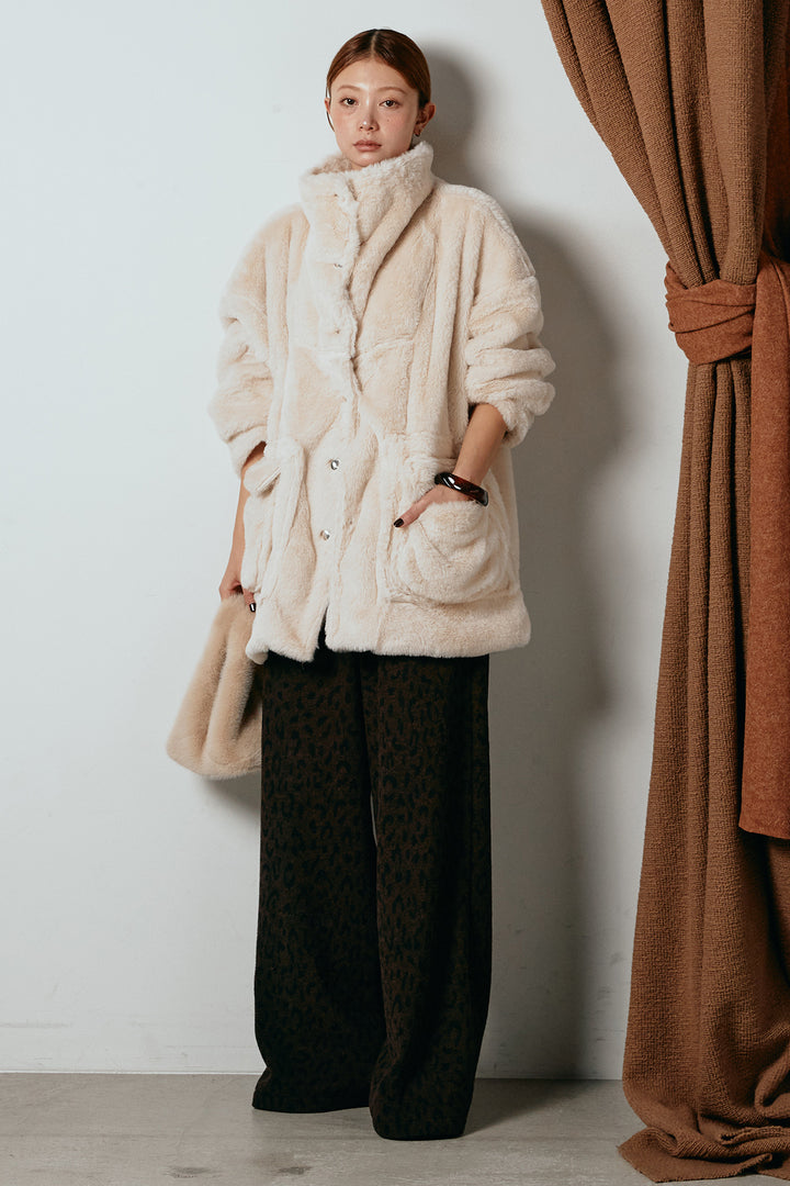 [SET]スタンドネックファーコート+レオパードジャガードニットパンツ(2set)