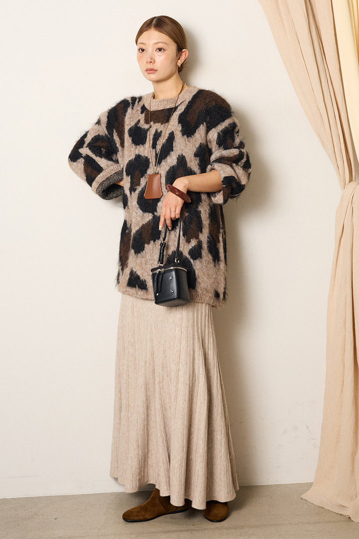 [SET]ルーズアニマルモヘアニットトップス+編み地切り替えフレアニットスカート(2set)