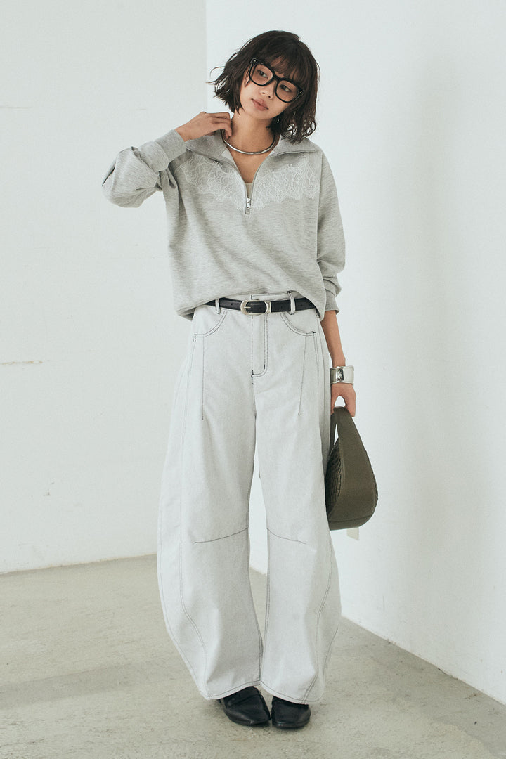 [SET]リバーレースハーフジップ裏毛スウェット+ツイル配色ステッチバレルパンツ(2set)