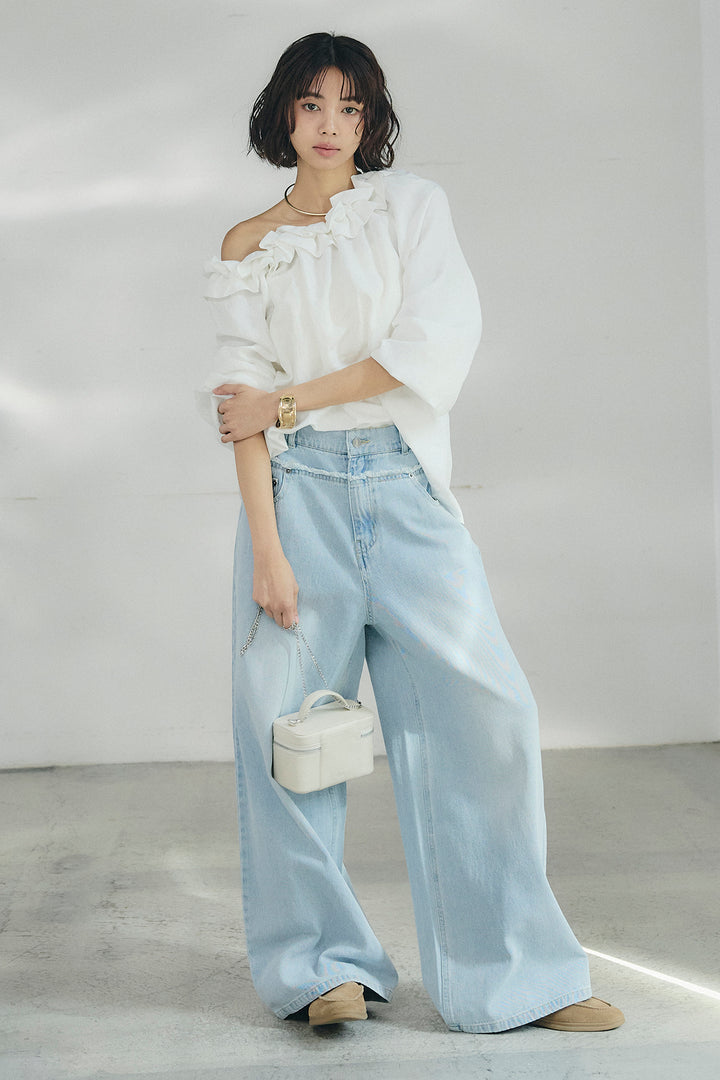 [SET]ネックフリルデザインブラウス+ウエスト裁ち切りデニムワイドパンツ(2set)