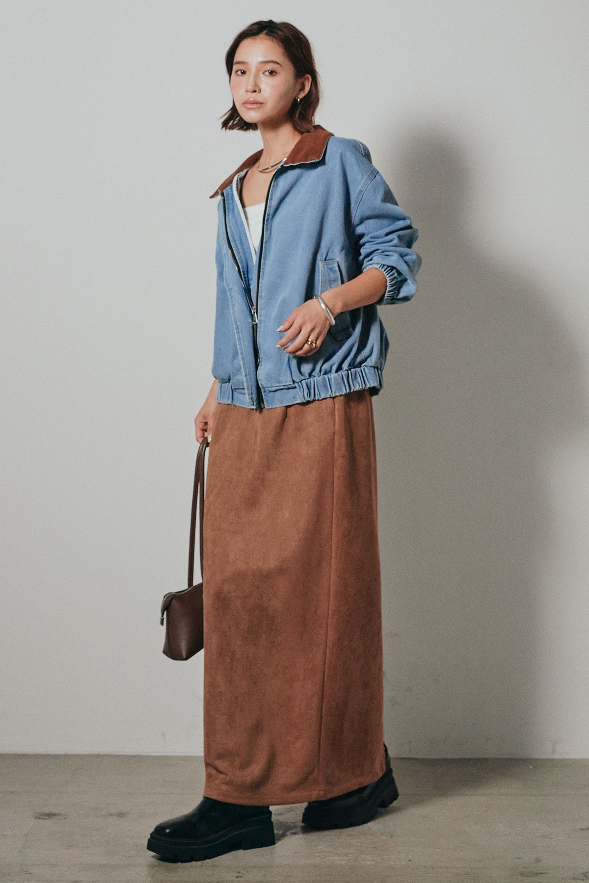 SET]コーデュロイ襟デニムブルゾン+フェイクスウェードタイトスカート