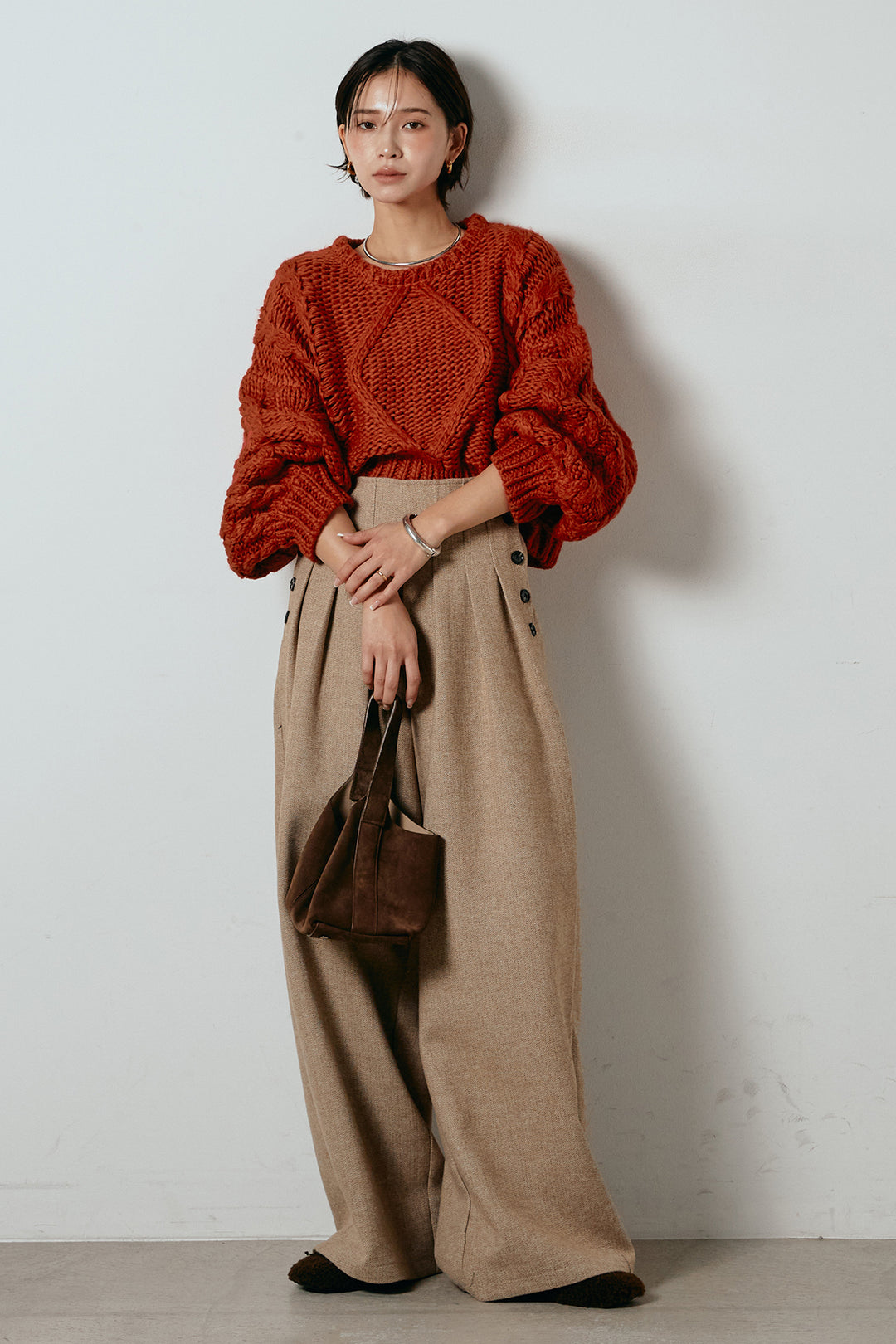 [SET]ロービングケーブルショート丈プルオーバー+サイドボタンツイードタックパンツ(2set)