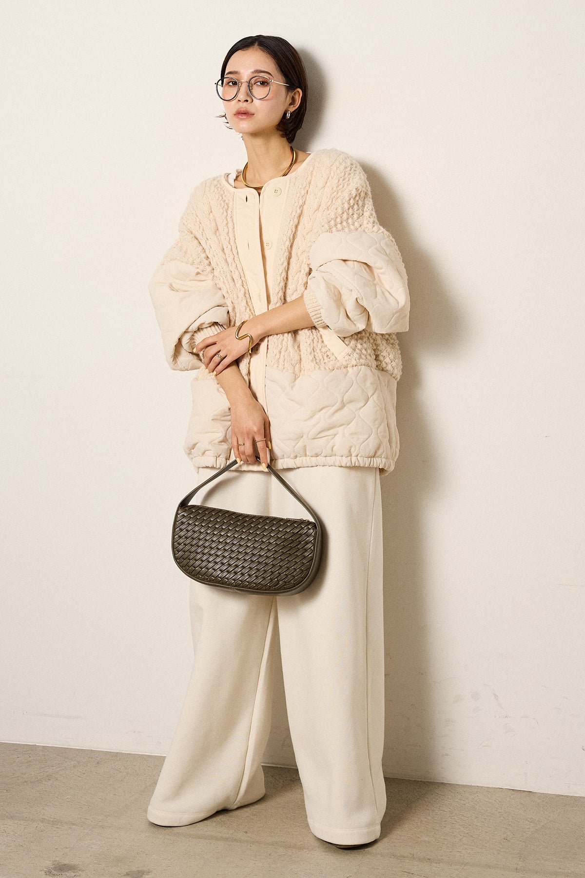 即納】[SET]アラン編みニットノーカラー裾キルティングブルゾン+裏起毛