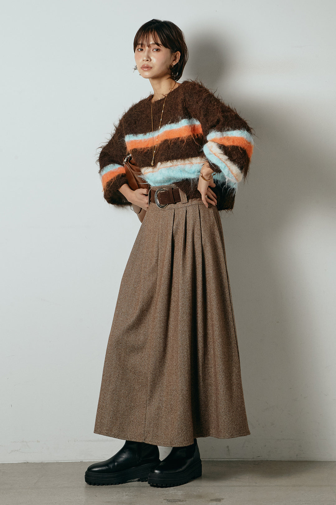 [SET]起毛配色マルチボーダーニットトップス+太ベルト付きヘリンボーンプリーツスカート(2set)