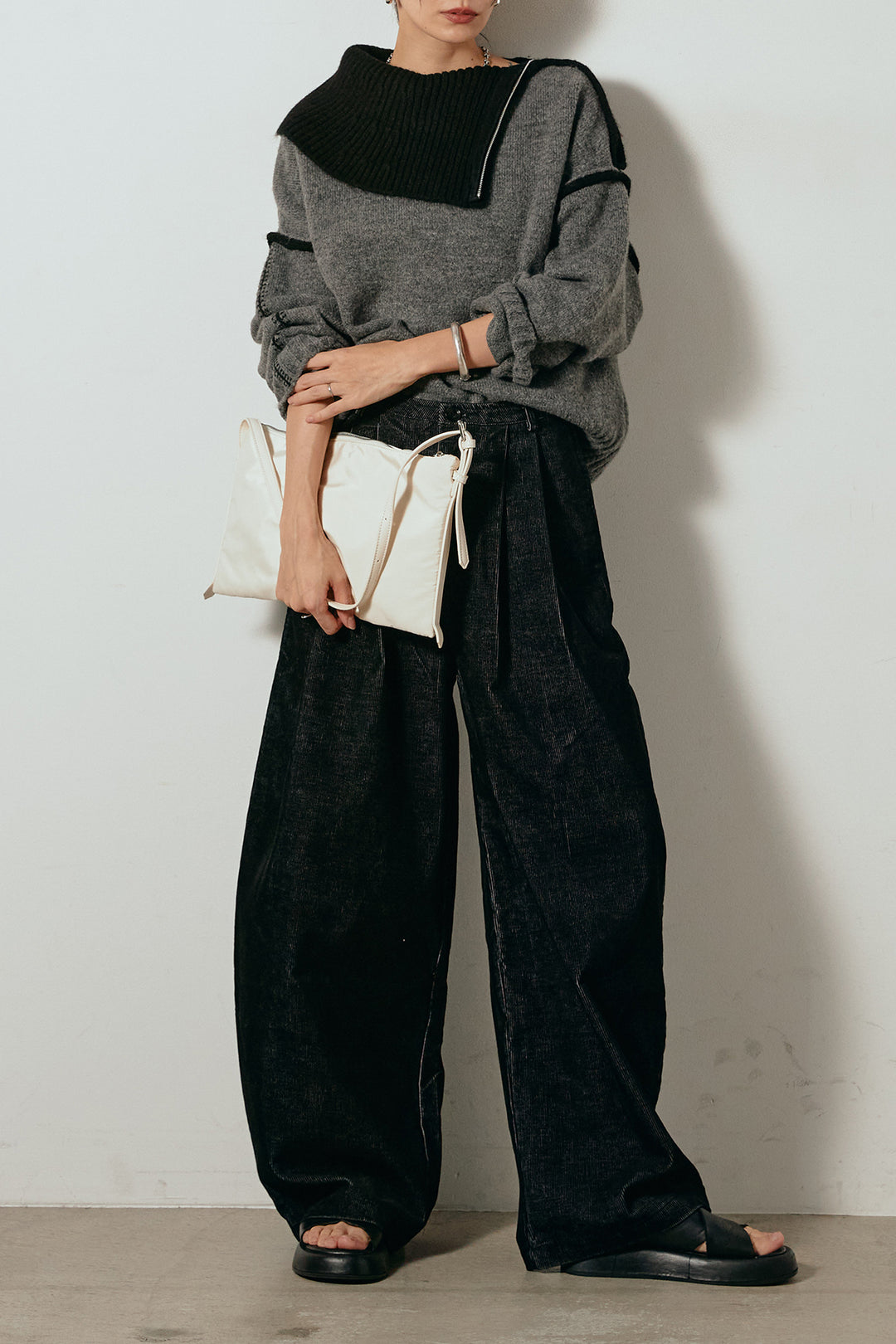 [SET]ハイネックジップデザインニットトップス+フロントタック入りコーデュロイパンツ(2set)