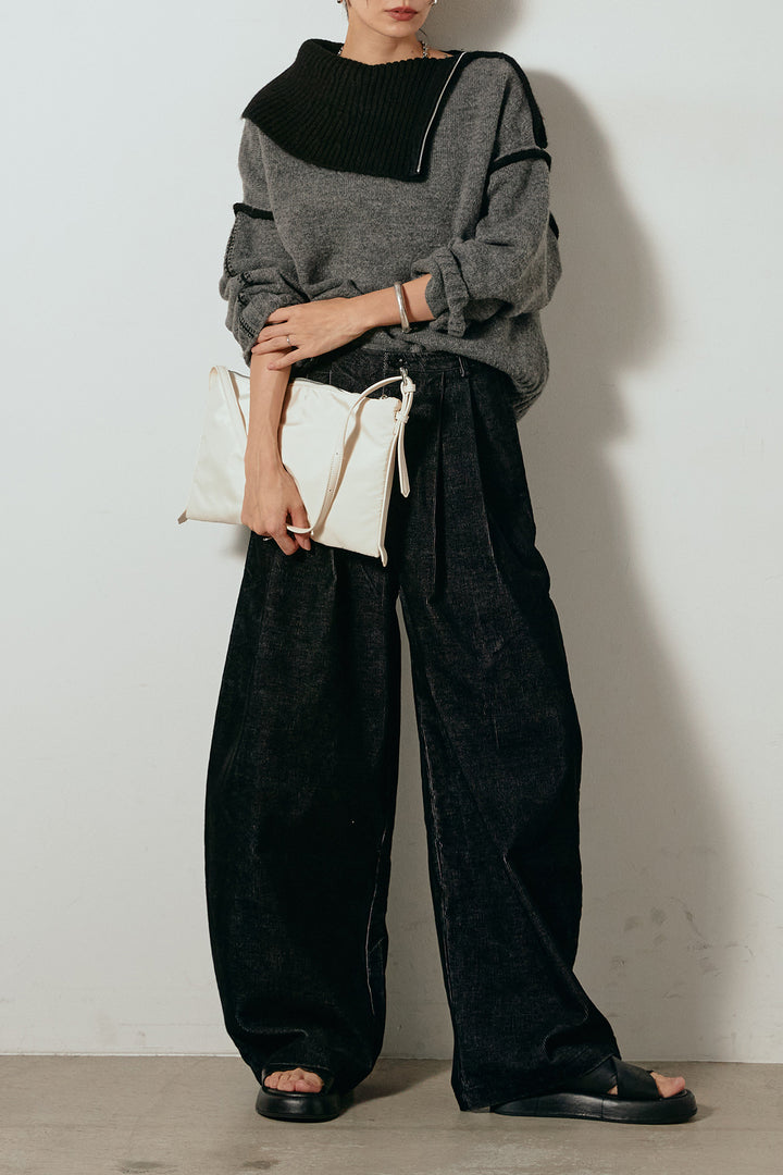 [SET]ハイネックジップデザインニットトップス+フロントタック入りコーデュロイパンツ(2set)