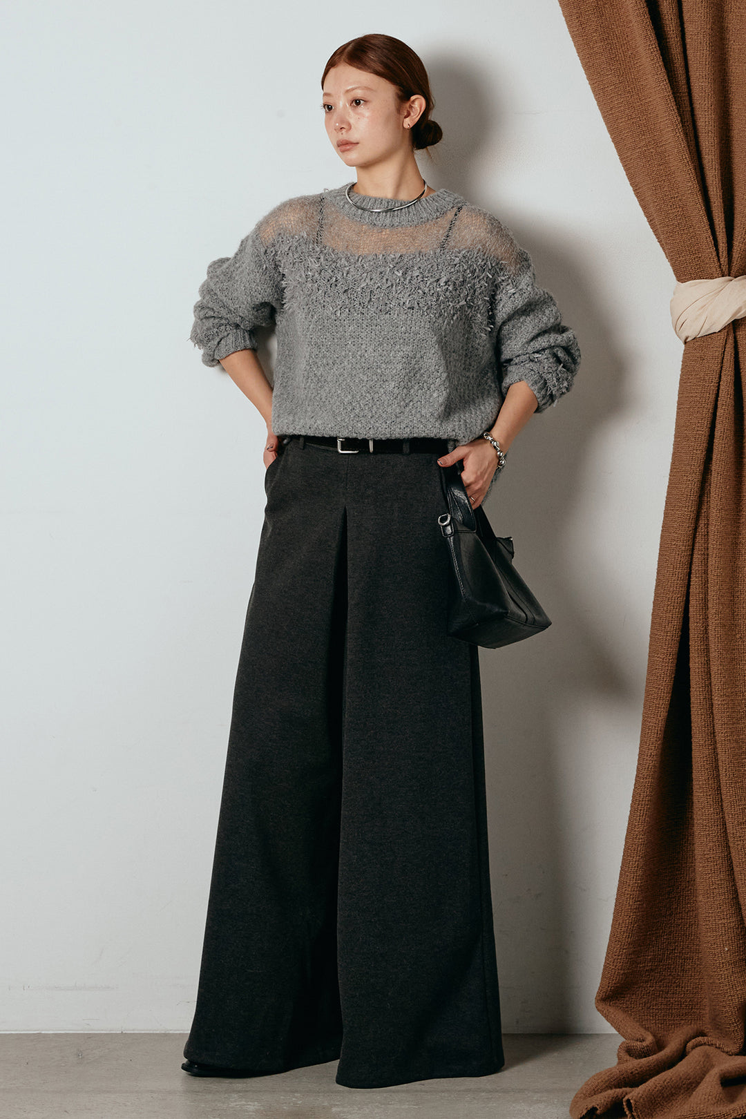 [SET]パターンランダム編みニットトップス+ベルト付きフロントタックデザインパンツ(2set)