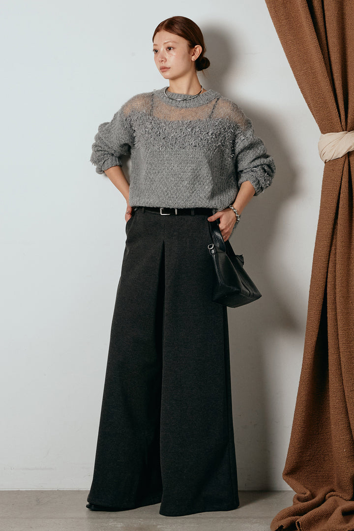 [SET]パターンランダム編みニットトップス+ベルト付きフロントタックデザインパンツ(2set)