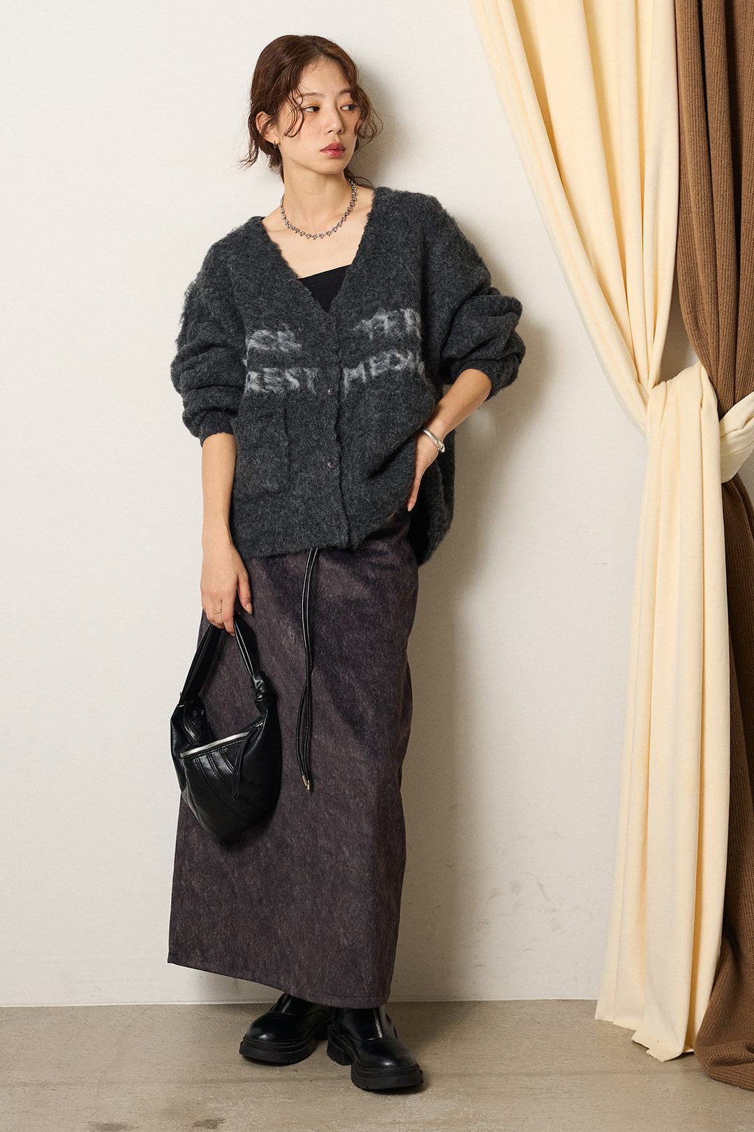 [SET]ウール混透かしロゴニットカーディガン+ロープベルト付きスウェード調スカート(2set)