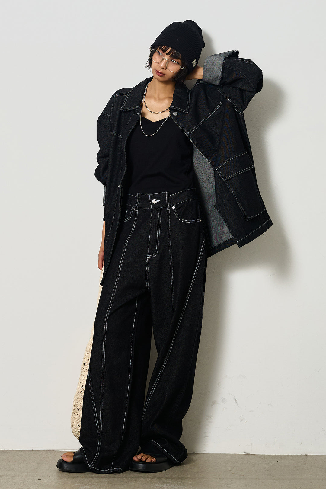 【即納】ステッチデザインデニムジップジャケット