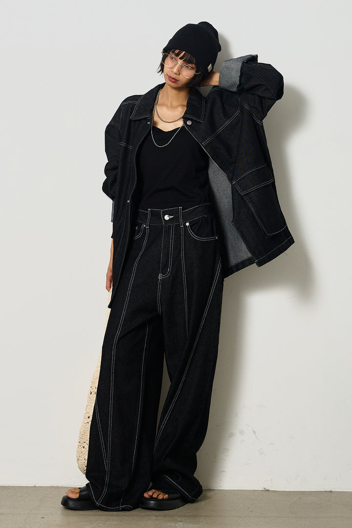 【即納】ステッチデザインデニムジップジャケット