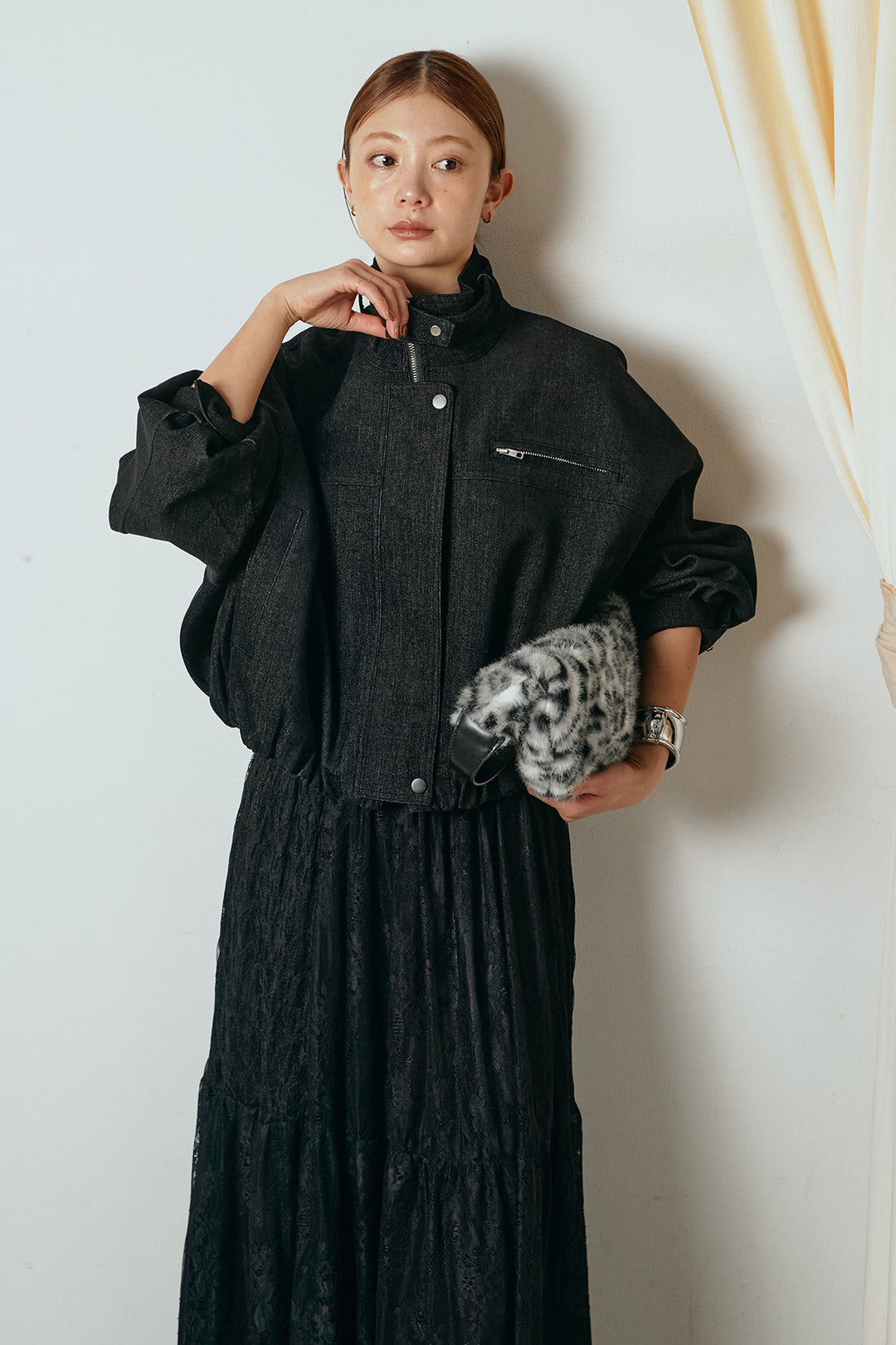 [SET]デニム調ハイネックブルゾン+ひげレース切替ロング丈スカート(2set)