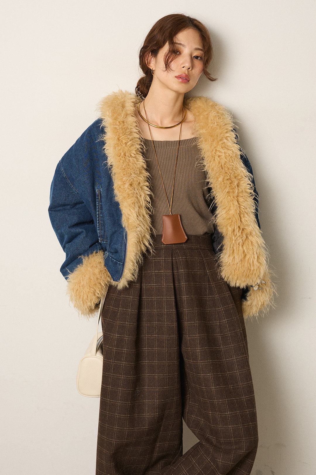 [SET]エコファーデニムボアジャケット+ウールライクチェックタックパンツ(2set)