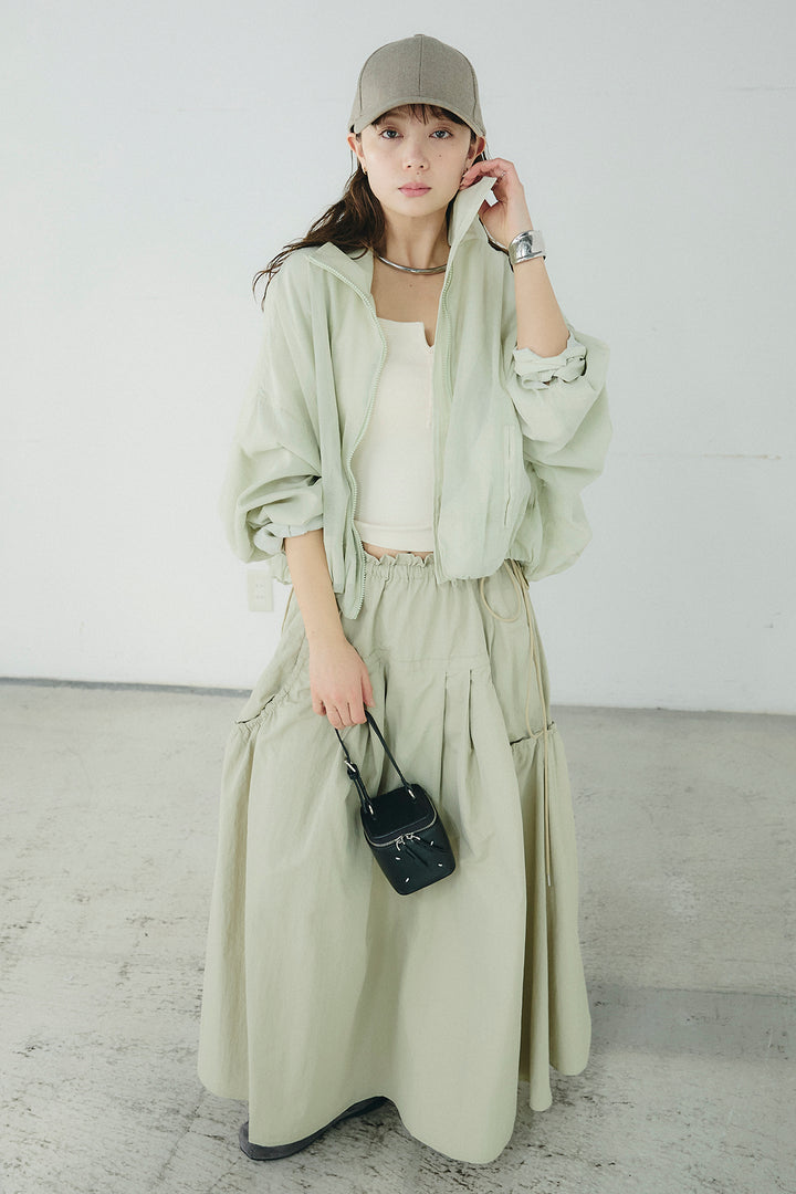 [SET]スタンドネックシアーブルゾン+ナイロンデザインフレアスカート(2set)