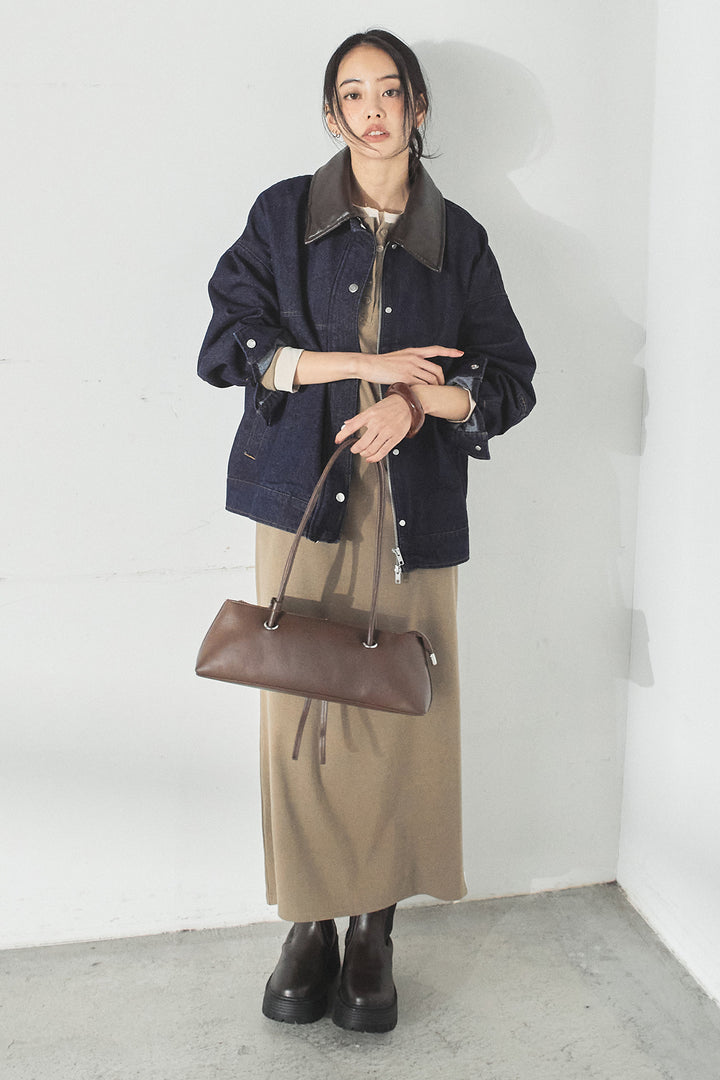 [SET]加工デニムレザー襟付きデニムブルゾン+カットリブレイヤードヘンリーネックワンピース(2set)