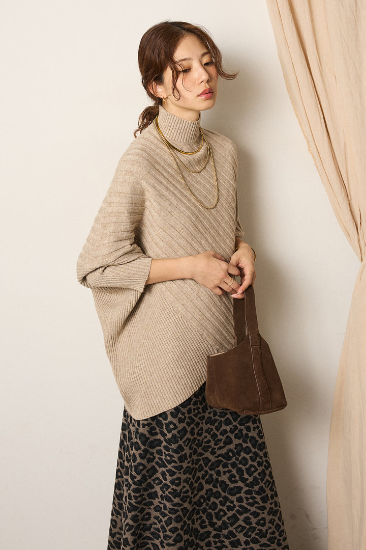 [SET]アシメデザインリブポンチョニットトップス+レオパードロングスカート(2set)