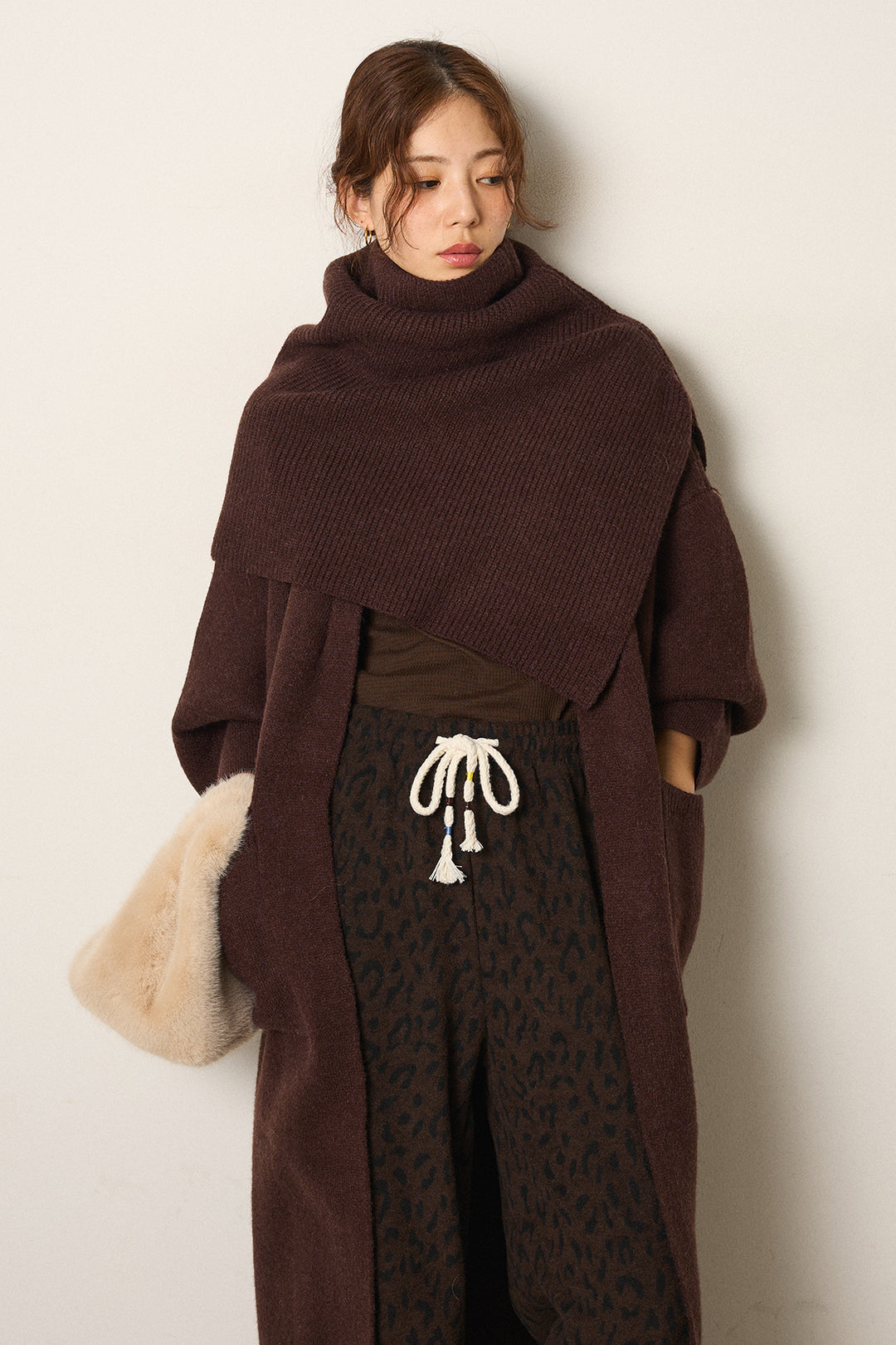 [SET]ケープレイヤードロングカーディガン+レオパードジャガードニットパンツ(2set)