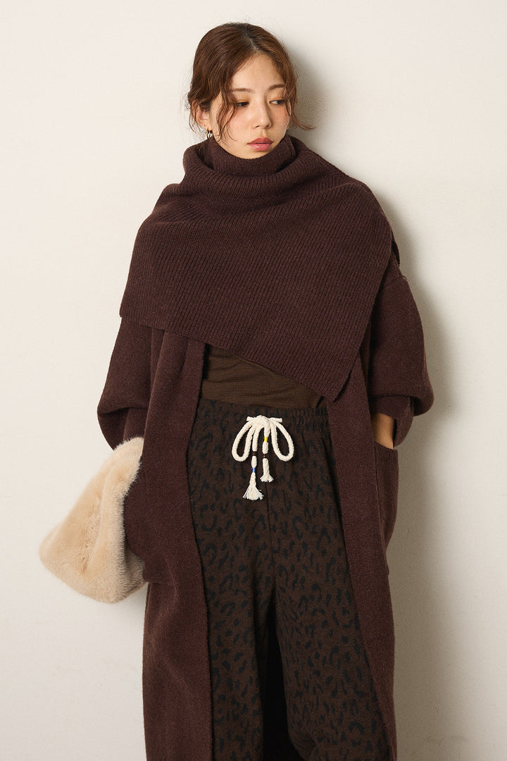 [SET]ケープレイヤードロングカーディガン+レオパードジャガードニットパンツ(2set)