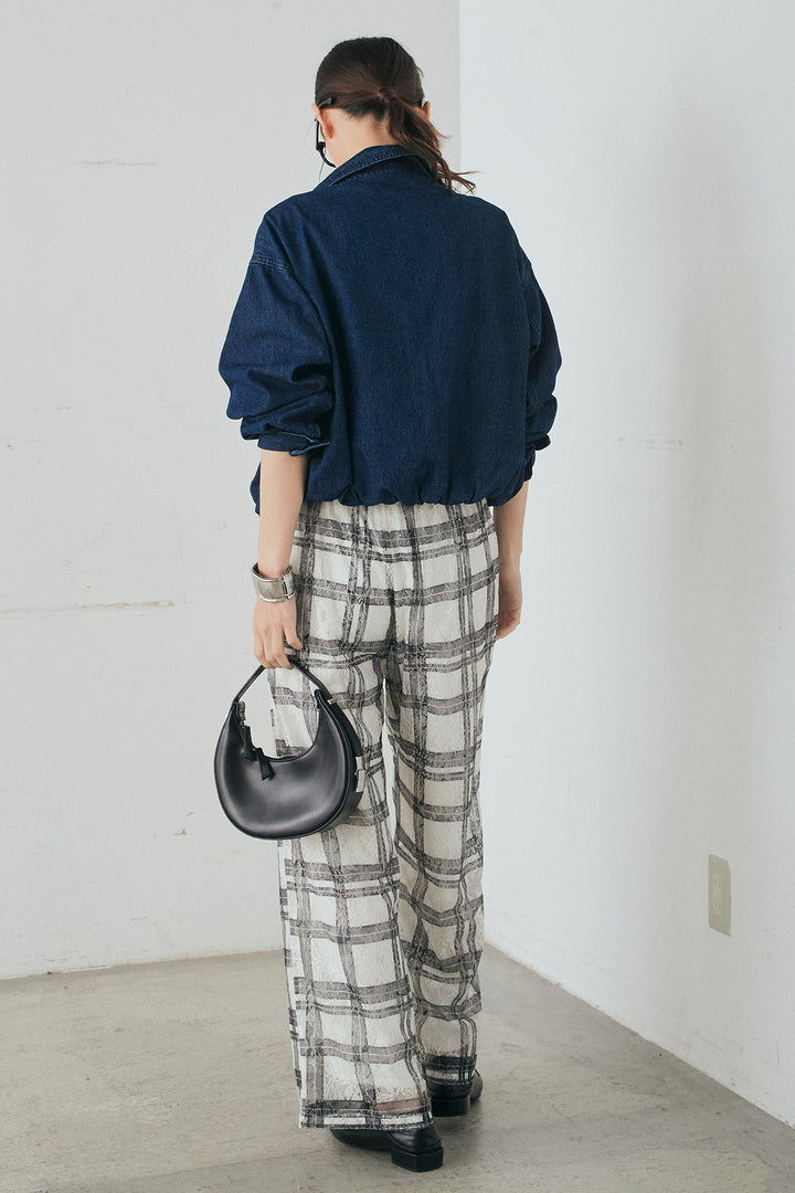 [SET]スタンドカラーデニムブルゾンジャケット+レースチェックワイドイージーパンツ(2set)