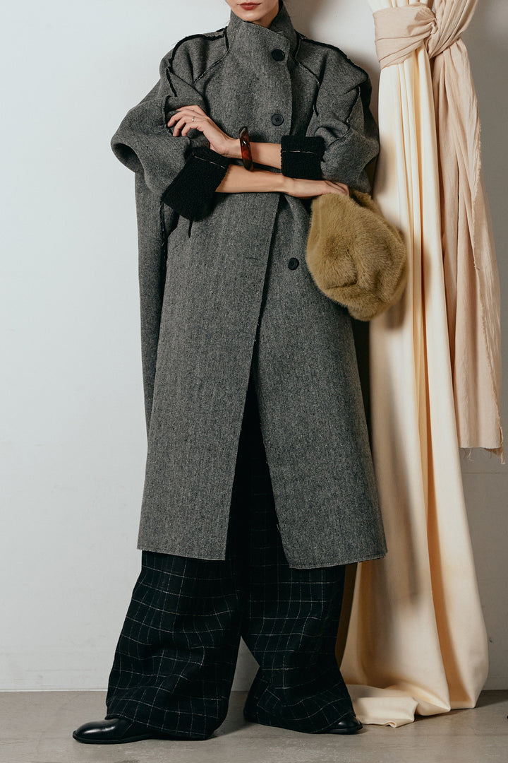 [SET]裏地ボアハイネックロングアウター+ウールライクチェックタックパンツ(2set)