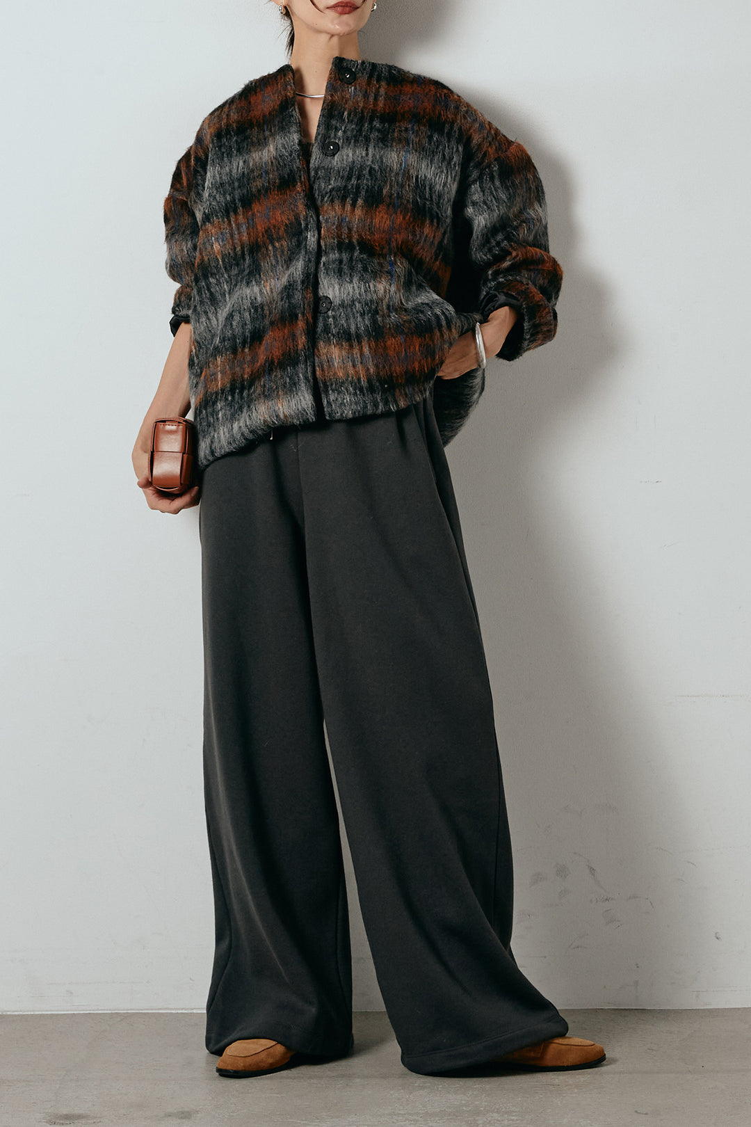 [SET]ノーカラーシャギーチェックアウター+裏起毛スウェットワイドパンツ(2set)