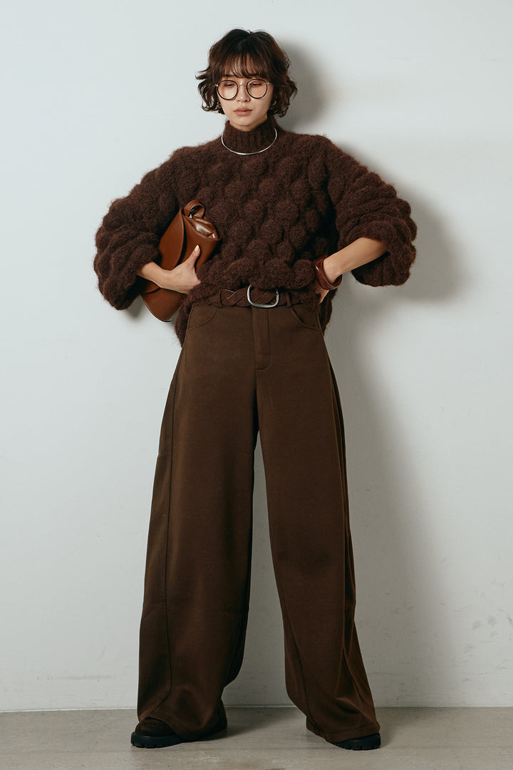 [SET]ボリュームポップコーンニットトップス+編みベルト付きワイドパンツ(2set)