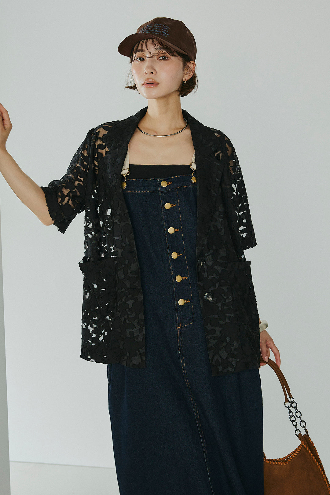 [SET]シアージャガードハーフスリーブテーラードジャケット+配色ショルダーデニムサロペットスカート(2set)