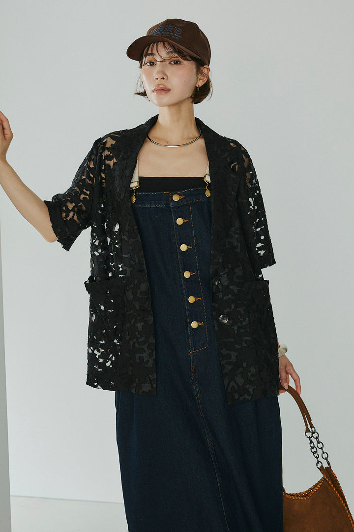 [SET]シアージャガードハーフスリーブテーラードジャケット+配色ショルダーデニムサロペットスカート(2set)