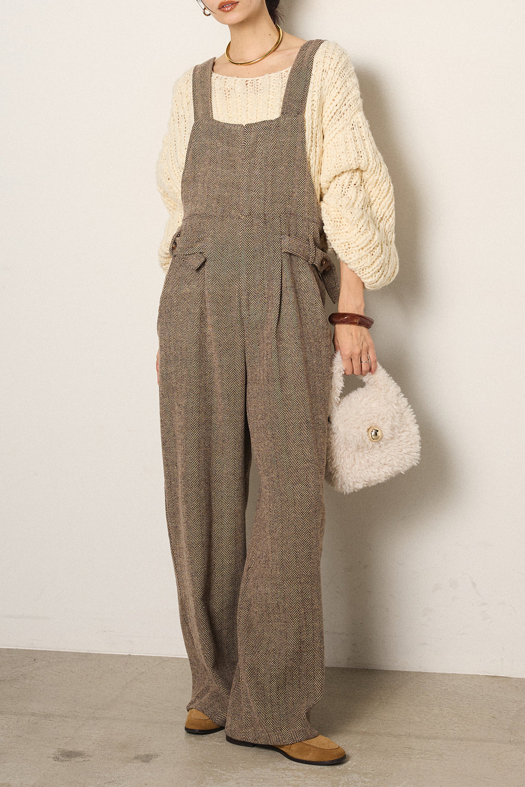 [SET]チャンキースラブニットクロップドプルオーバー+クラシックヘリンボーンサロペット(2set)