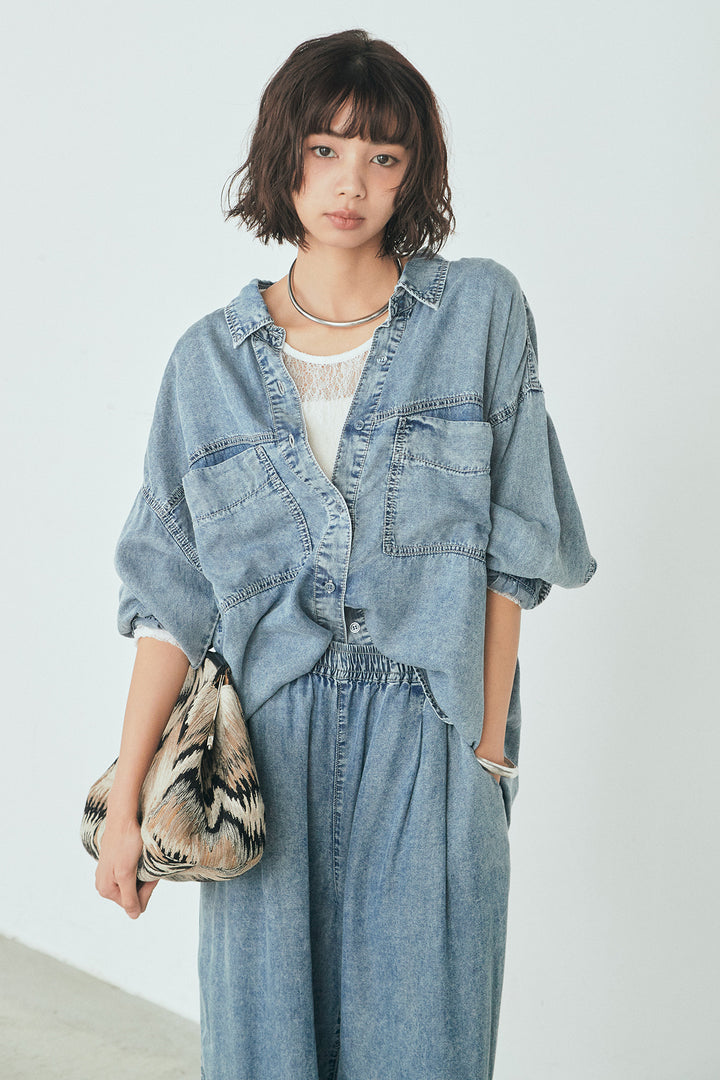 [SET]テンセルデニムシャツ+テンセルデニムイージーワイドパンツ(2set)