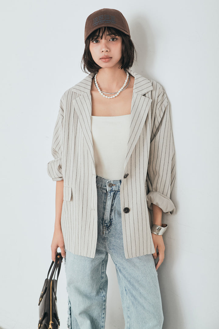 [SET]リネンライクストライプテーラードジャケット+デニムサイドフリルパンツ(2set)