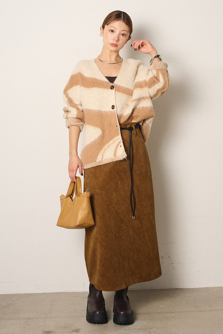 [SET]アクセントブラッシュドカーディガン+ロープベルト付きスウェード調スカート(2set)