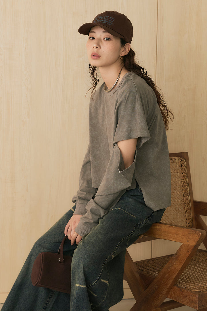 [SET]セパレートフェードTシャツ+ランダムダメージデニムワイドパンツ(2set)