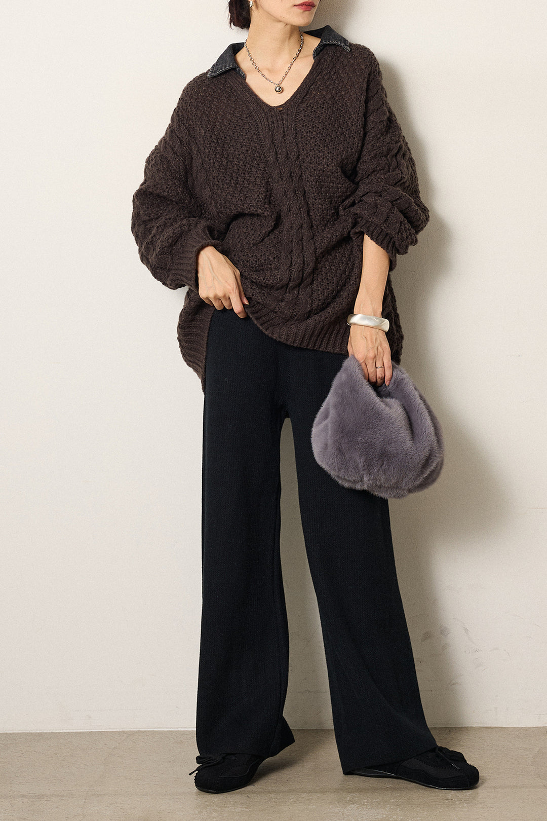 [SET]デニムカラーケーブルオーバーニット+ワイドリブニットイージーパンツ(2set)