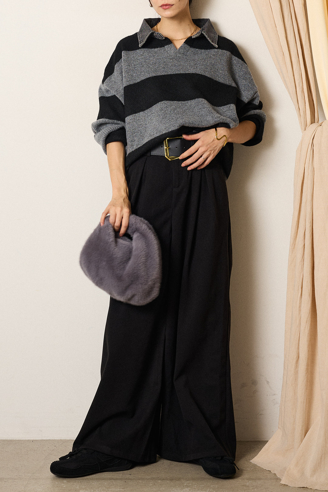 [SET]デニムカラーボーダールーズニット+ゴールドバックル太ベルト付きワイドパンツ(2set)
