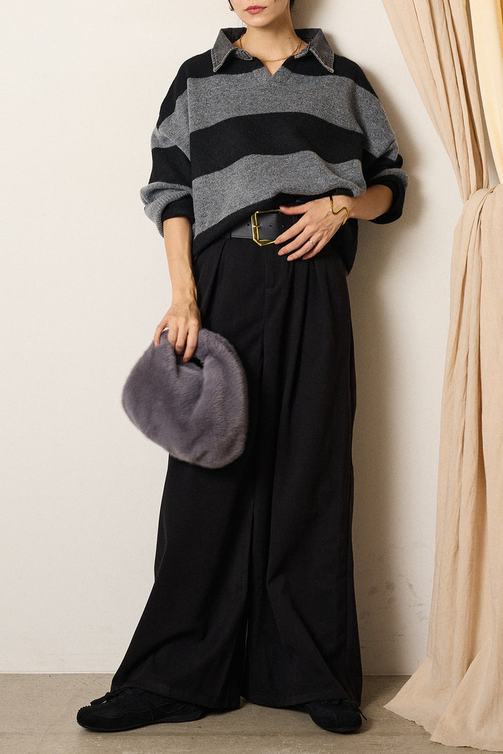 [SET]デニムカラーボーダールーズニット+ゴールドバックル太ベルト付きワイドパンツ(2set)