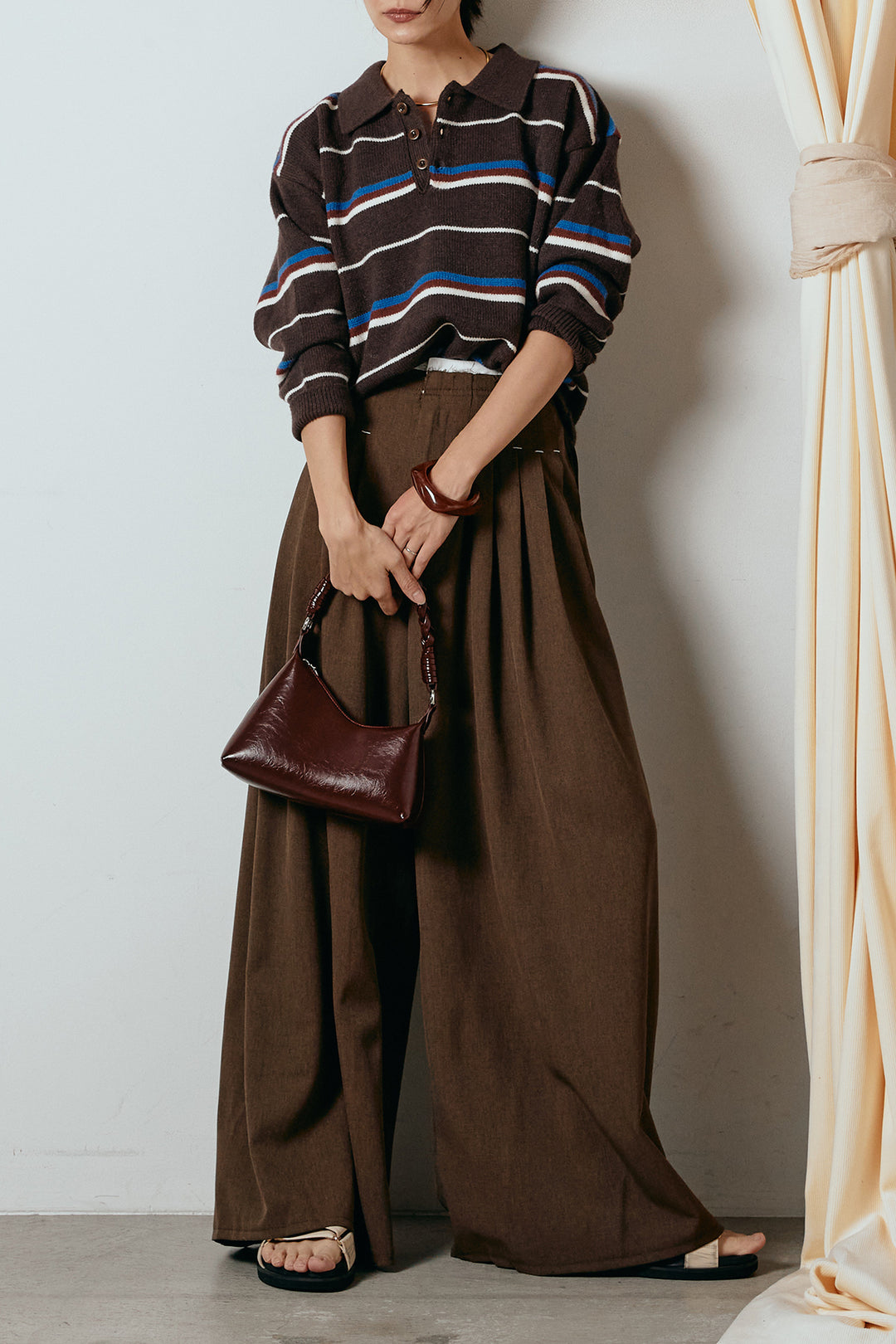 [SET]襟付きマルチボーダーニットポロトップス+ウエストステッチデザインワイドスラックス(2set)